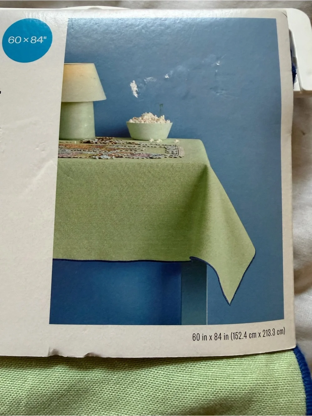 Room Essentials light green rectangular tablecloth with blue trim